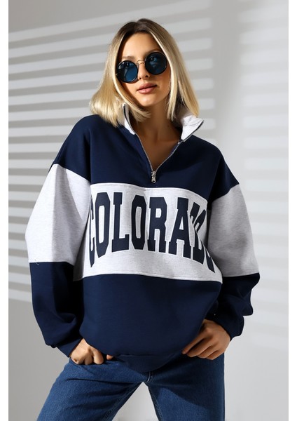 Kadın Colorado Lacivert Oversize Sweatshirt 3 Iplik Şardonlu