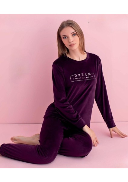 Kadın Kışlık Bisiklet Yaka Kadife Pijama Takımı 3041M - 1 Adet