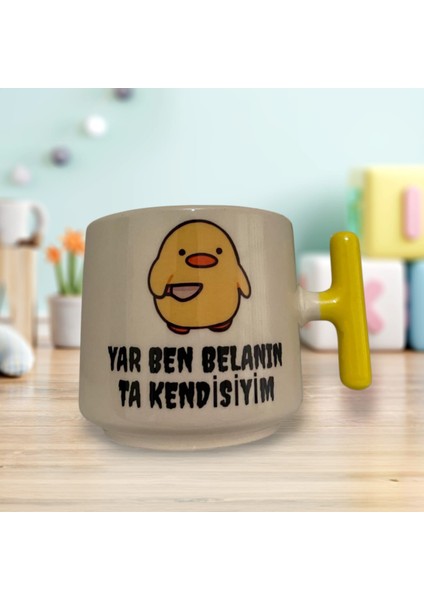 Yar Ben Belanın Ta Kendisiyim Çift Taraf Yazılı T Kupa Bardak (Sarı Kulp)