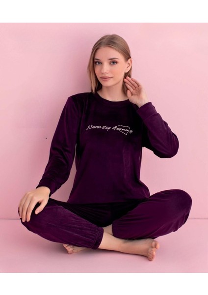 Kadın Kışlık Bisiklet Yaka Kadife Pijama Takımı 3042M - 1 Adet