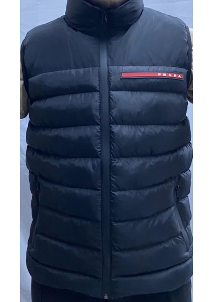 Siyah Fermuarlı ve Cepli Polyester Standard Erkek Rüzgar Geçirmez Şişme Yelek