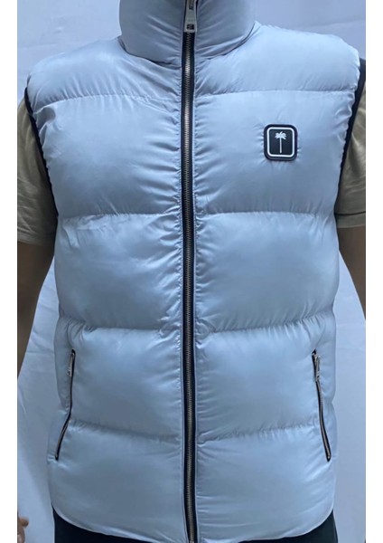 Beyaz Fermuarlı ve Cepli Polyester Standard Erkek Rüzgar Geçirmez Şişme Yelek