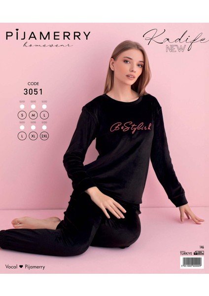Kadın Kışlık Bisiklet Yaka Kadife Pijama Takımı 3051S - 1 Adet