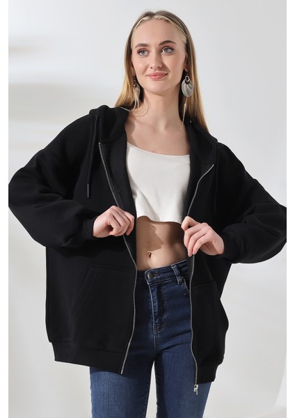 Kadın Oversize Sweatshırt Kanguru Cepli Fermuarlı Sweatshırt 3 Iplik Şardonlu