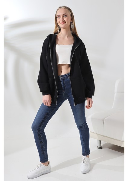 Kadın Oversize Sweatshırt Kanguru Cepli Fermuarlı Sweatshırt 3 Iplik Şardonlu
