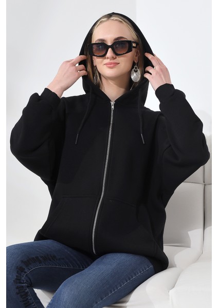 Kadın Oversize Sweatshırt Kanguru Cepli Fermuarlı Sweatshırt 3 Iplik Şardonlu
