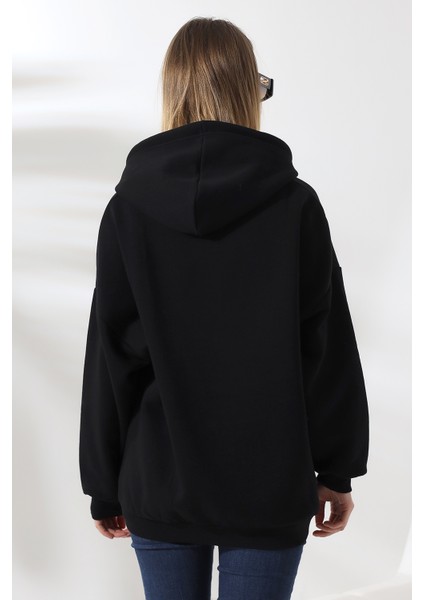 Kadın Oversize Sweatshırt Kanguru Cepli Fermuarlı Sweatshırt 3 Iplik Şardonlu