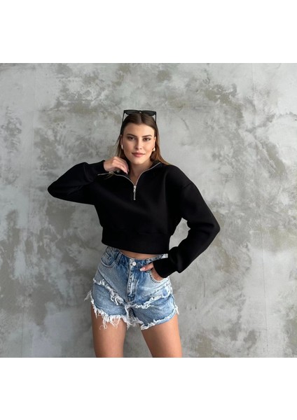 Kadın Siyah Yarım Fermuarlı Şardonlu Crop Sweatshirt