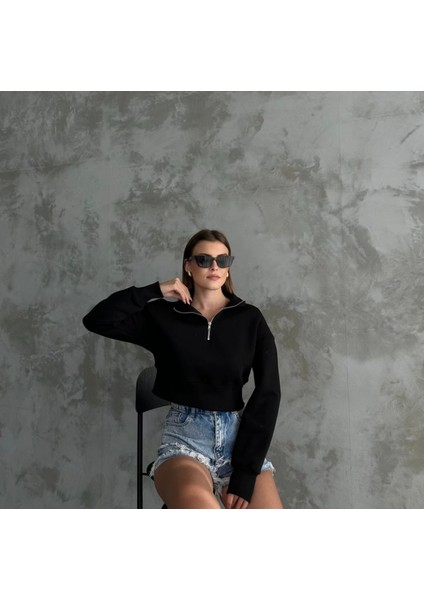 Kadın Siyah Yarım Fermuarlı Şardonlu Crop Sweatshirt