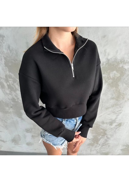 Kadın Siyah Yarım Fermuarlı Şardonlu Crop Sweatshirt