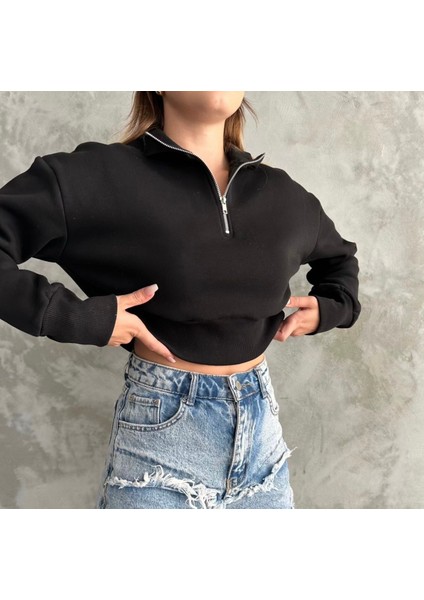 Kadın Siyah Yarım Fermuarlı Şardonlu Crop Sweatshirt