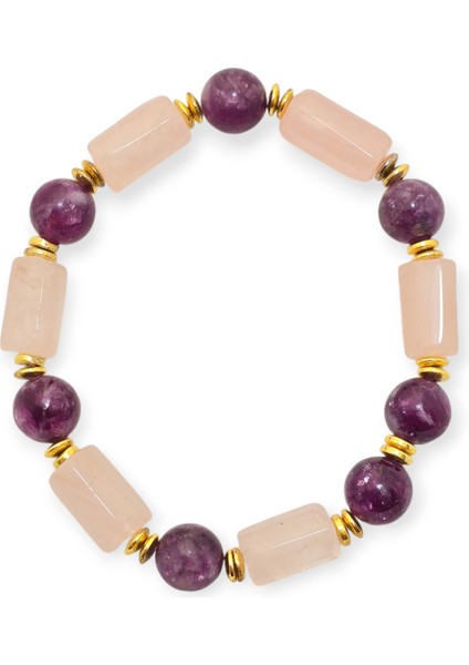 Pembe Kuvars-Lepidolit-Hematid Özel Tasarım Doğal Taş Bileklik