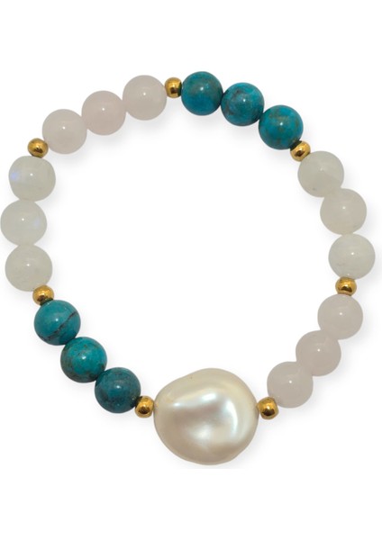 Ay Taşı-Pembe Kuvars-Firuze -Barok Inci Özel Tasarım Doğal Taş Bileklik