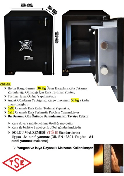 Ev ve Ofis Tipi Çelik Para Kasası 40 cm-45KG Çift Anahtarlı Güvenli Para Kasaları