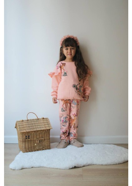 Bambi Desenli Fırfır Detaylı Eşofman-Sweatshirt 3 Iplik Şardonlu Kışlık Kız Çocuk Takım fiyatları