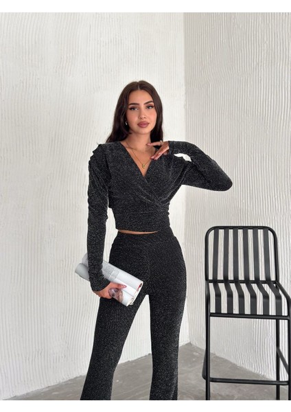 Infome Kadın V Yaka Simli Bluz - Pantolon Takım Önü Çapraz Dekolte modelleri