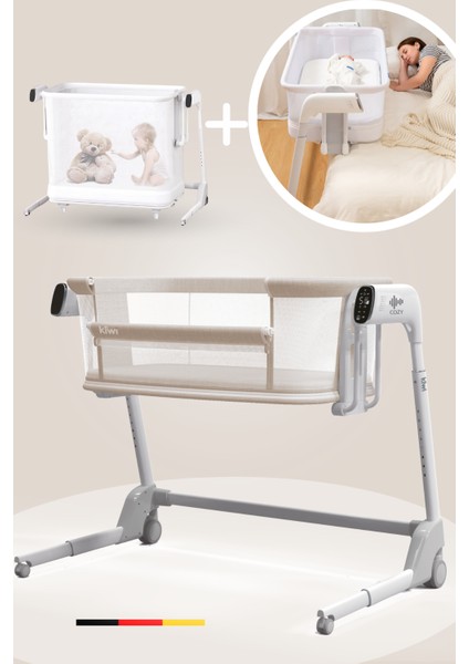 Cozy Premium 3in1 Ağlamaya Duyarlı Anne Yanı Beşik, Park Yatak White Noise ile Kesintisiz Uyku - Latte Renk