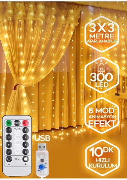 8 Fonksıyonlu 300 Ledli Perde LED Sarkıt LED 3x3 M Yılbaşı Doğum Günü Işık Bahçe Kafe indirimleri