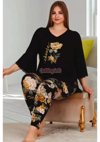Uzun Kollu, Desenli, Battal Lady Büyük Bedenanne Pijamatakımı