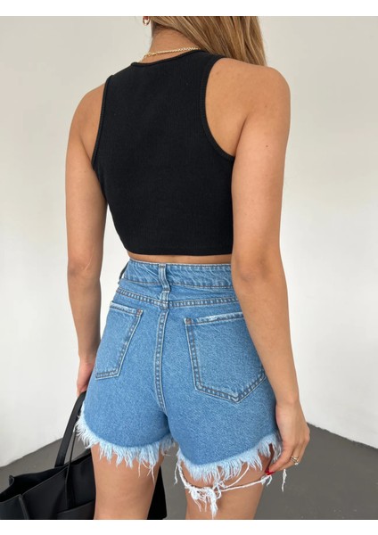 Yıkamalı Lazer Yırtıklı Mini Denim Şort