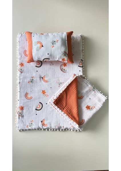 Battaniyeli 3'lü Müslin Alt Açma Seti, Minderi, Müslin, Bebek Yastığı, Yenidoğan, Bebek Ürünleri