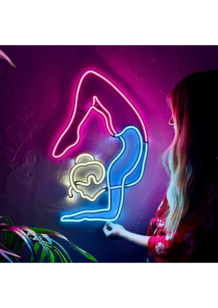 Yoga Neon Tabela (Duvar Dekoru) - Beyaz, Pembe ve Buz Mavi LED Işık - Metal Üzerine Neon | 42 cm x 66 cm