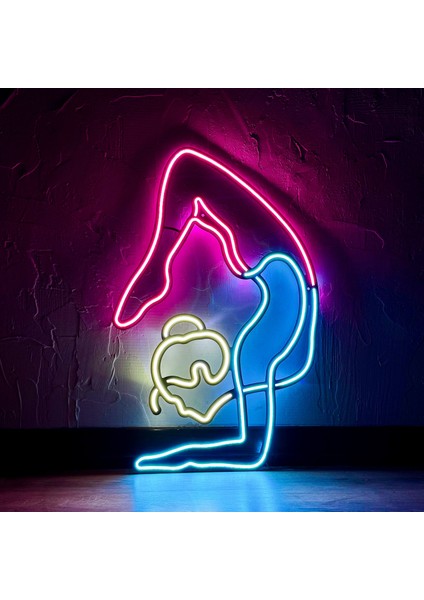 Yoga Neon Tabela (Duvar Dekoru) - Beyaz, Pembe ve Buz Mavi LED Işık - Metal Üzerine Neon | 42 cm x 66 cm