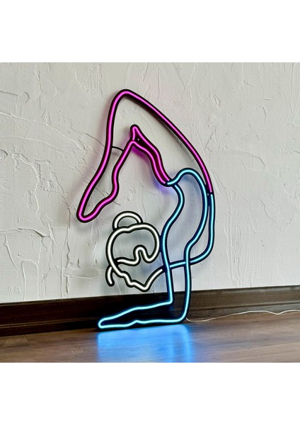 Yoga Neon Tabela (Duvar Dekoru) - Beyaz, Pembe ve Buz Mavi LED Işık - Metal Üzerine Neon | 42 cm x 66 cm