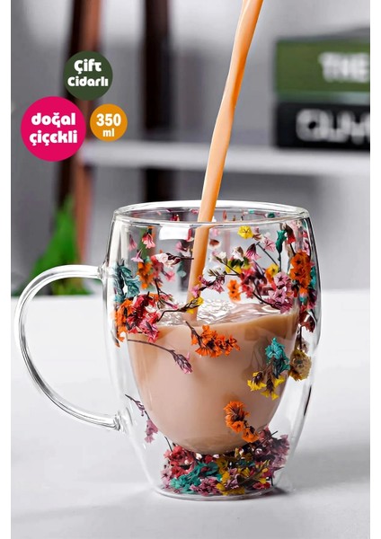 Çift Cidarlı Flower Cup 350ML Çiçekli Bardak Kahve Çay Bardağı El Yapımı Kulplu Cam Bardak