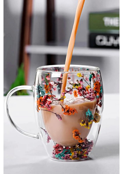 Çift Cidarlı Flower Cup 350ML Çiçekli Bardak Kahve Çay Bardağı El Yapımı Kulplu Cam Bardak fiyatları