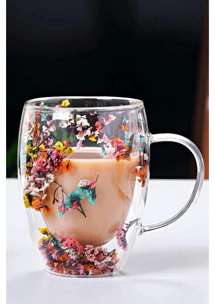 Çift Cidarlı Flower Cup 350ML Çiçekli Bardak Kahve Çay Bardağı El Yapımı Kulplu Cam Bardak modelleri