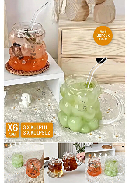 Emr Shop   6lı Üzümlü Boncuk Bardak Pipetli Cam 350 ml Kulplu Kulpsuz Meşrubat Su Kahve Sunum Kokteyl Bardağı