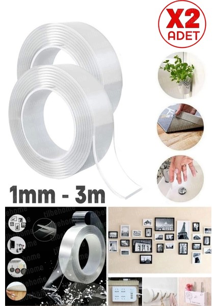 Çift Taraflı Nano Bant Süper Güçlü Şeffaf Yapışkanlı Tekrar Kullan Duvar Çerçeve Bandı 1mm-3m 2li