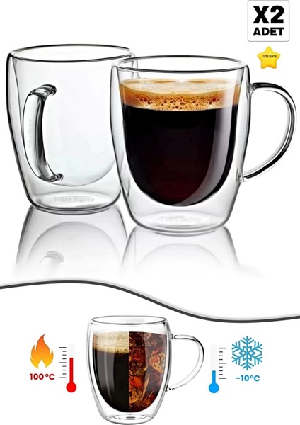Çift Cidarlı Bardak Cam Kupa 310 ml Ev Ofis Espresso Kahve Fincanı Borosilikat Kulplu Çay Bardağı