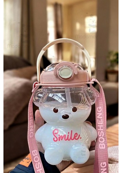 Emr Shop   Şeffaf Smile Pink Ayıcık Su Matarası 1000ML Askılı Çocuk Su Şişesi Pipetli Sızdırmaz Kokusuz Suluk   Emr Home