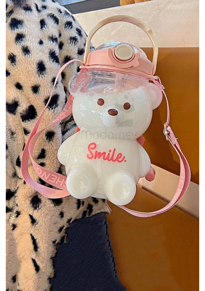 Emr Shop   Şeffaf Smile Pink Ayıcık Su Matarası 1000ML Askılı Çocuk Su Şişesi Pipetli Sızdırmaz Kokusuz Suluk   Emr Home