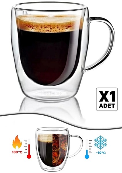 Emr Shop   Çift Cidarlı Cam Bardak Kupa 310 ml Ev Ofis Espresso Kahve Fincanı Borosilikat Kulplu Çay Bardağı