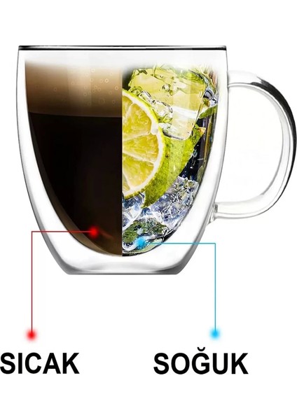 Emr Shop   Çift Cidarlı Cam Bardak Kupa 310 ml Ev Ofis Espresso Kahve Fincanı Borosilikat Kulplu Çay Bardağı