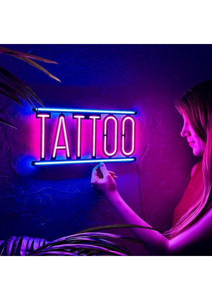 Tattoo Neon Yazısı - Metal Üzerine Dekoratif Renkli Işıklı Duvar Aydınlatması Tablo Tabela | 38 cm x 18.5 cm