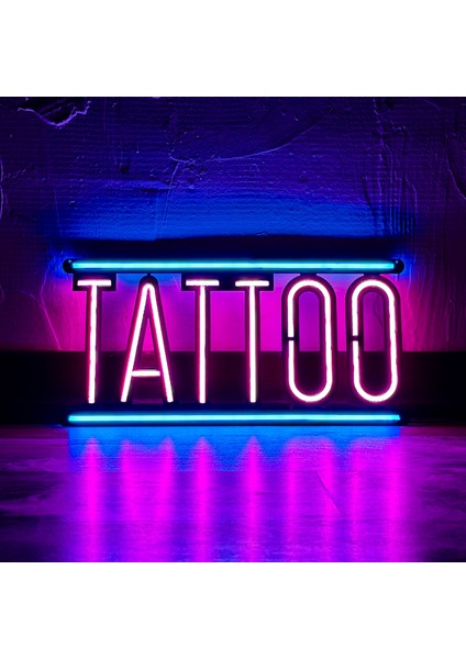 Tattoo Neon Yazısı - Metal Üzerine Dekoratif Renkli Işıklı Duvar Aydınlatması Tablo Tabela | 38 cm x 18.5 cm