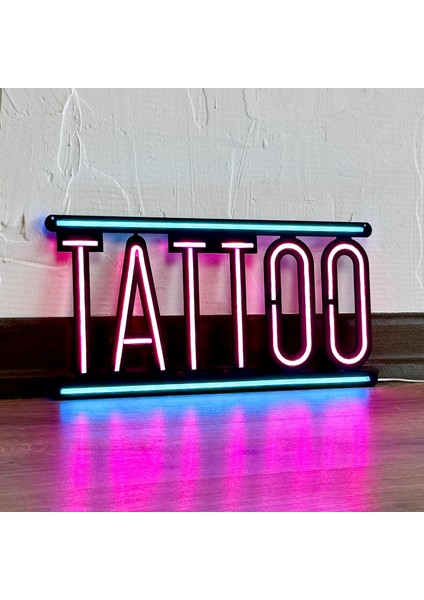 Tattoo Neon Yazısı - Metal Üzerine Dekoratif Renkli Işıklı Duvar Aydınlatması Tablo Tabela | 38 cm x 18.5 cm