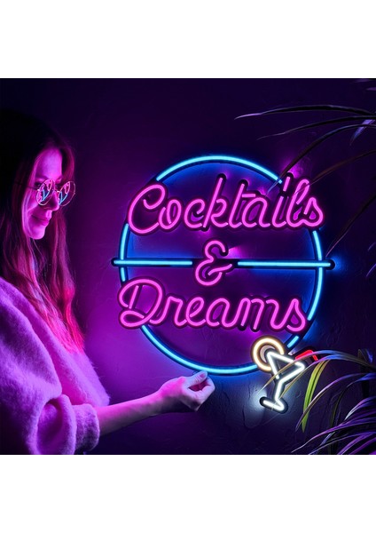 Cocktails And Dreams Neon Duvar Dekoru - Tropikal LED Işık - Metal Üzerine Neon Süsü | 45.5 cm x 48 cm