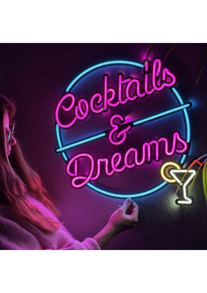 Cocktails And Dreams Neon Duvar Dekoru - Tropikal LED Işık - Metal Üzerine Neon Süsü | 45.5 cm x 48 cm