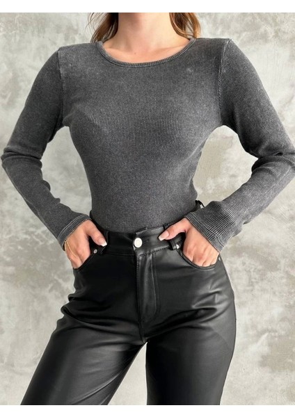 Kadın Uzun Kollu Bisiklet Yaka Asit Yıkamalı Kaşkorse Kumaş Bluz modelleri