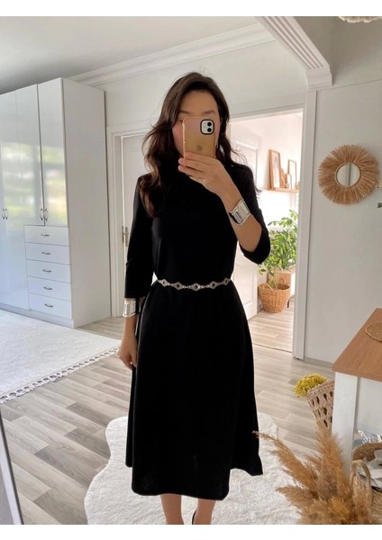 Kadın Uzun Kollu Bisiklet Yaka Midi Ithal Krep Elbise modelleri