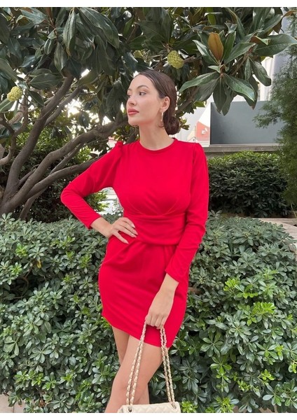 Kadın Uzun Kollu Bisiklet Yaka Bel Kemer Detay Ithal Krep Elbise fiyatları