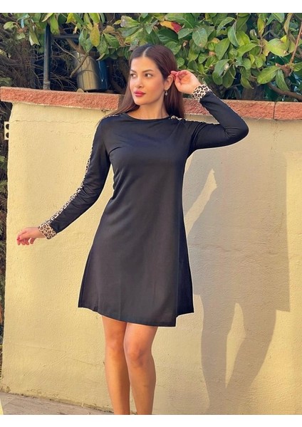Kadın Uzun Kollu Bisiklet Yaka Kollar Leopar Detay Iki Iplik Mini Boy Elbise fiyatları