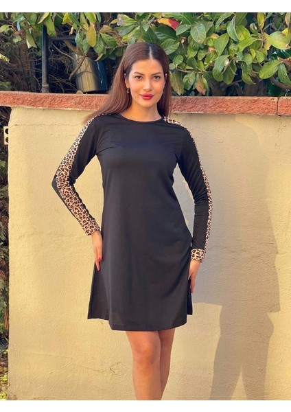 Kadın Uzun Kollu Bisiklet Yaka Kollar Leopar Detay Iki Iplik Mini Boy Elbise fırsatları