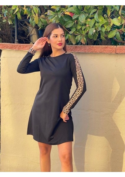 Kadın Uzun Kollu Bisiklet Yaka Kollar Leopar Detay Iki Iplik Mini Boy Elbise indirimleri