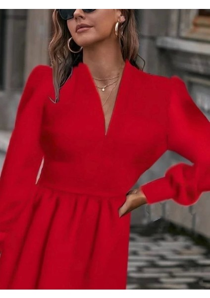 Kadın Uzun Kollu V Yaka Belden Hafif Pileli Scuba Krep Mini Boy Elbise fiyatları